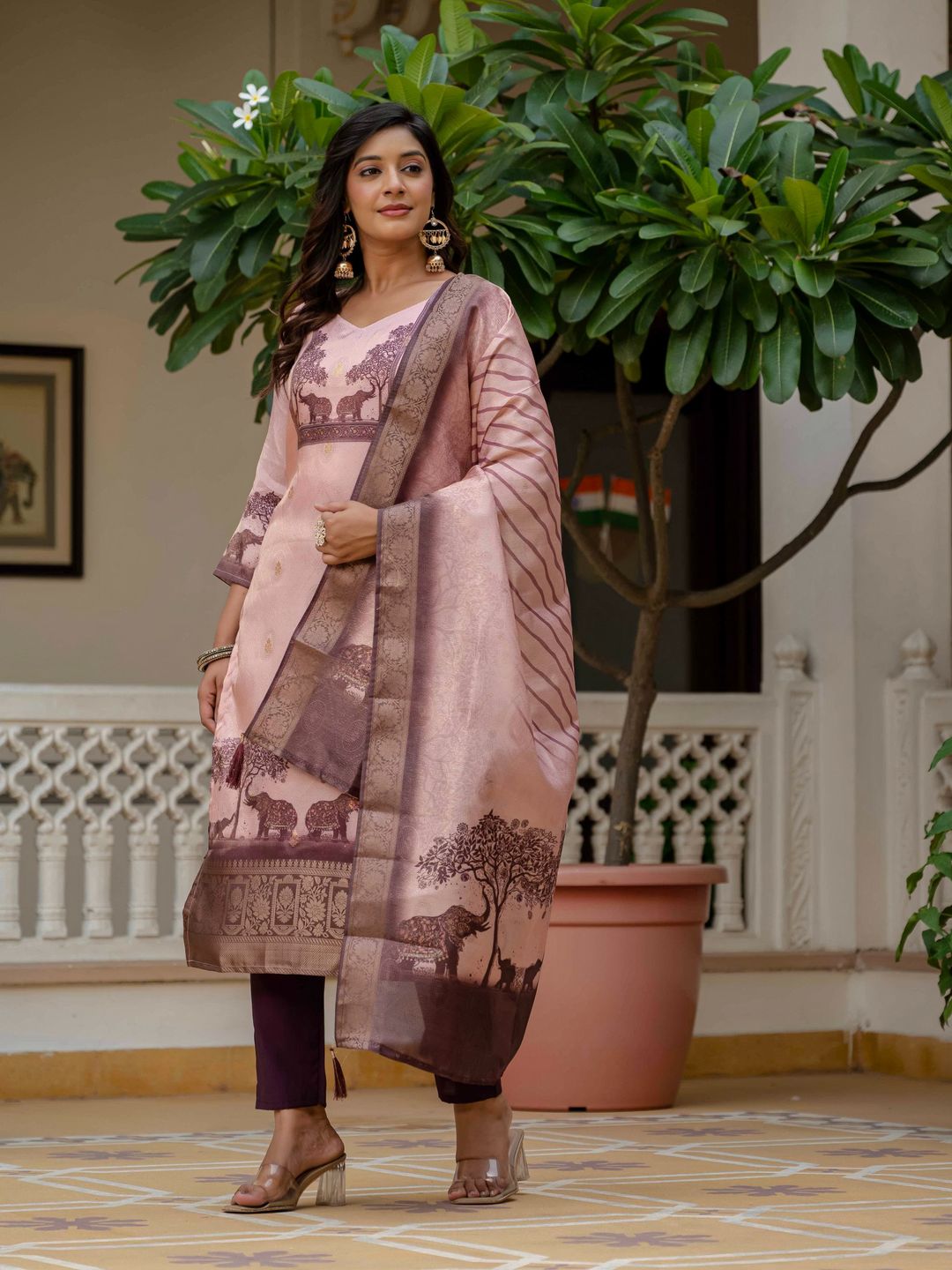 Royal Pink JacquardSilk Classic Printed Suit Set