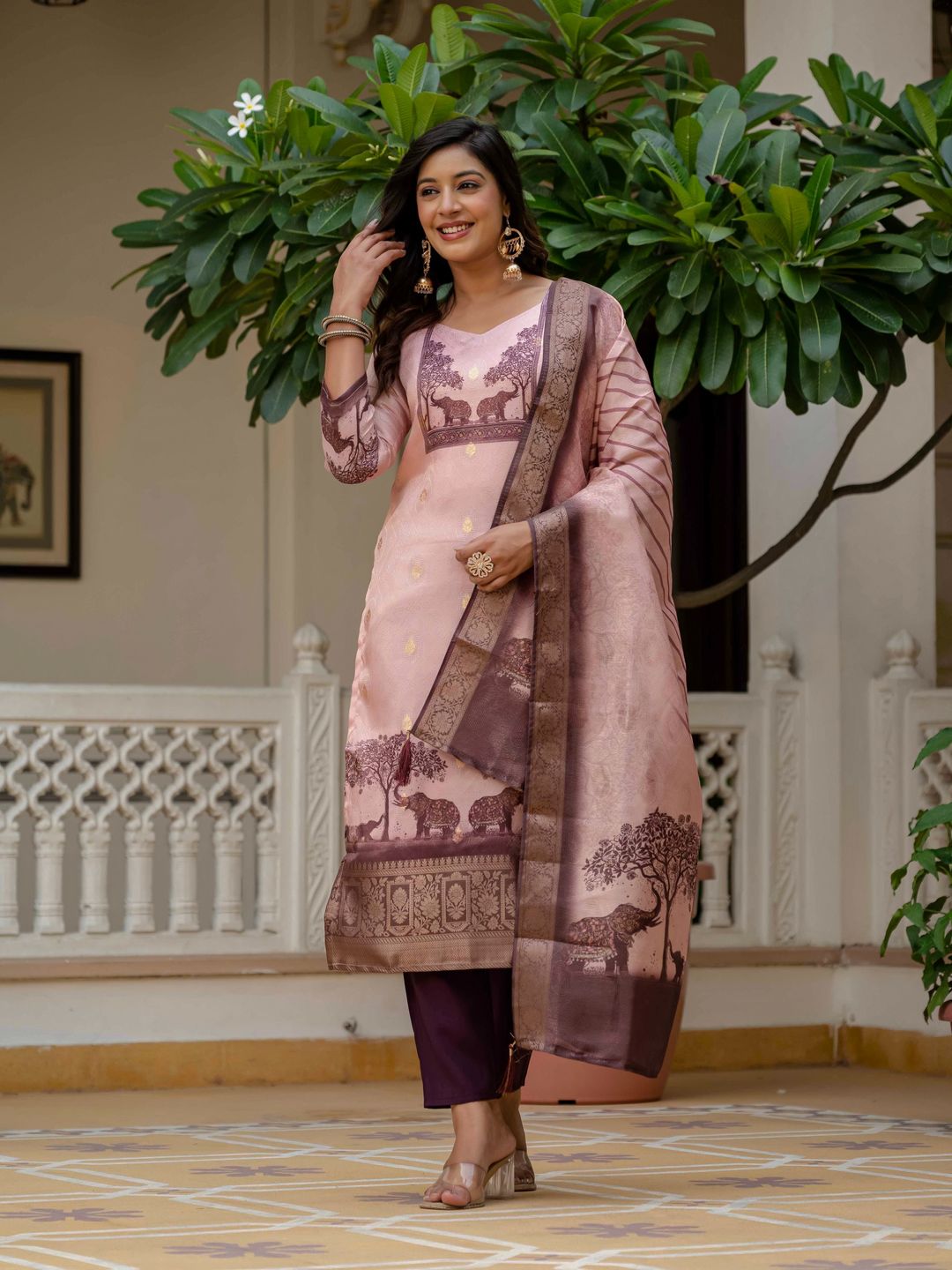 Royal Pink JacquardSilk Classic Printed Suit Set