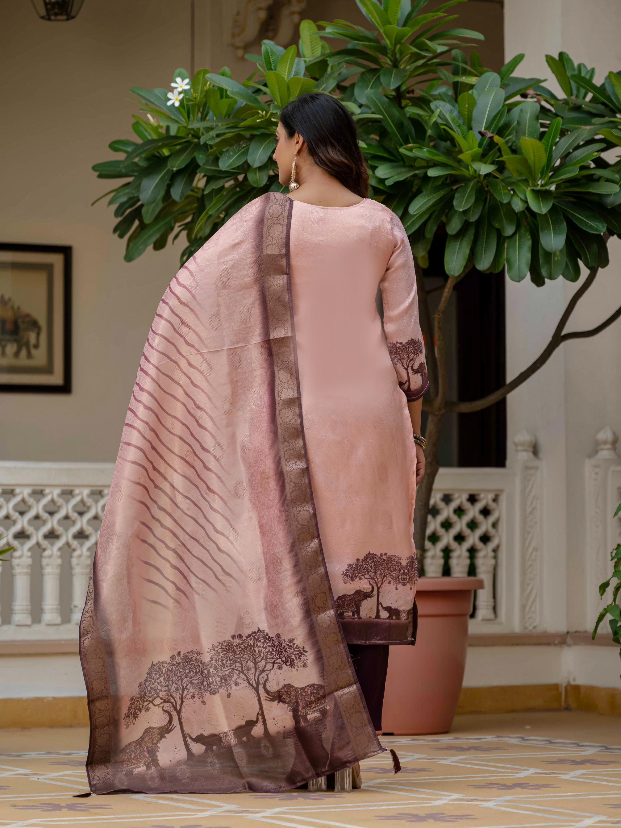 Royal Pink JacquardSilk Classic Printed Suit Set
