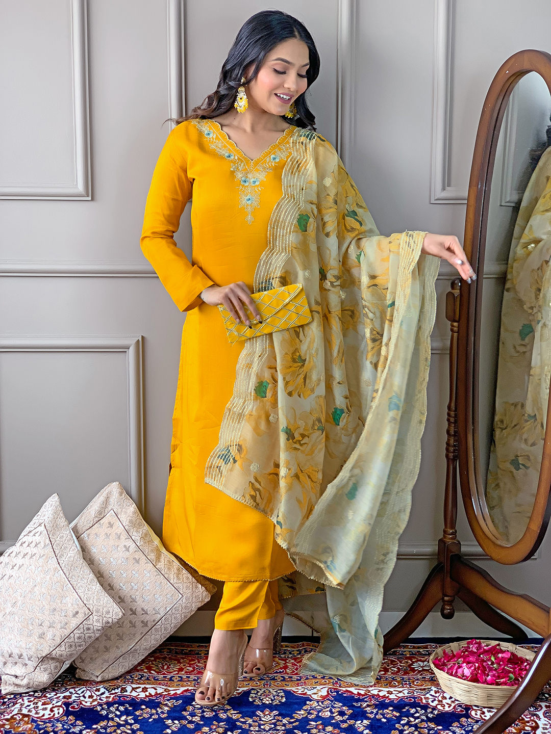 Yellow Readymade Chanderi Embroidered Salwar Suit