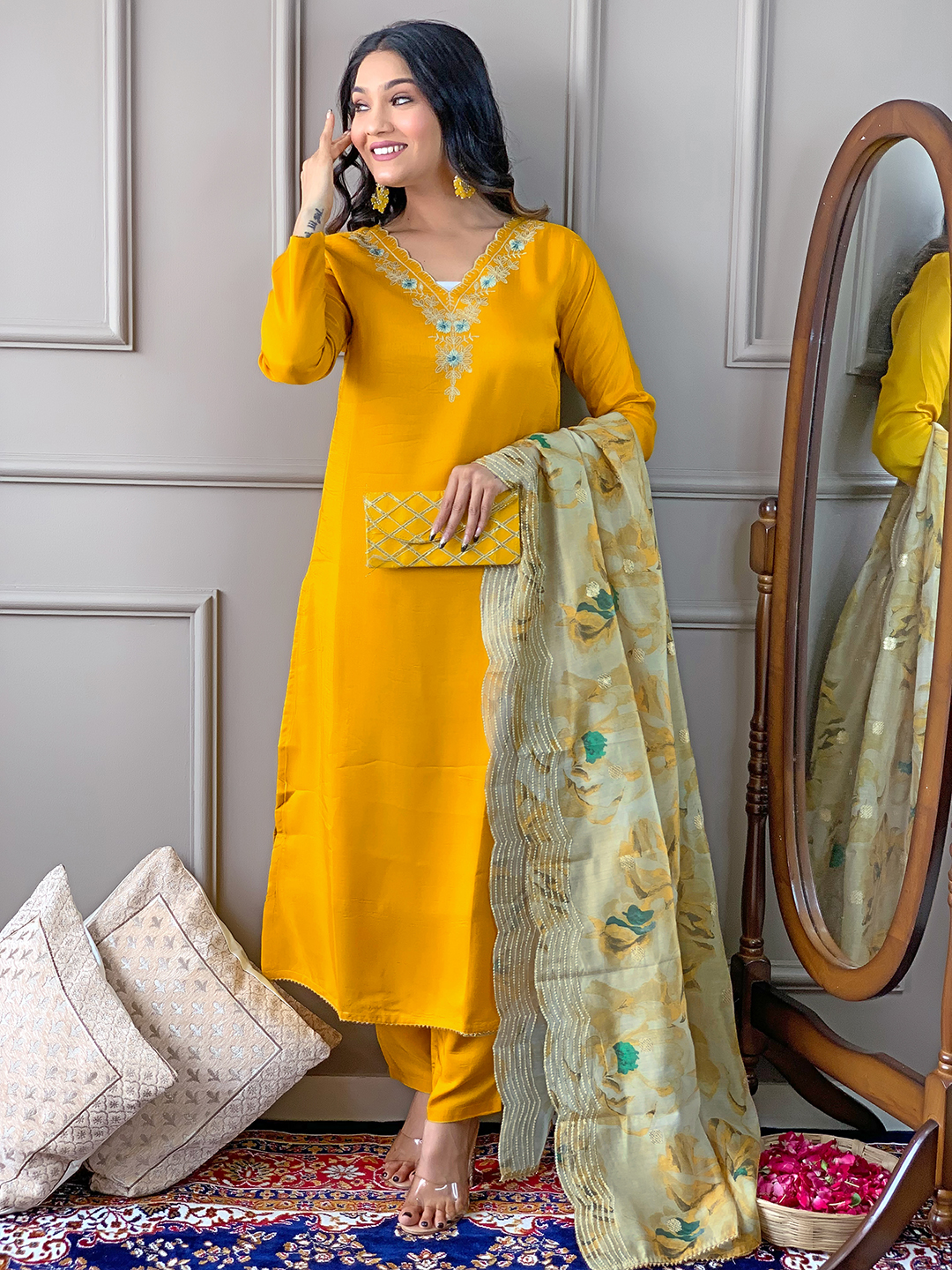 Yellow Readymade Chanderi Embroidered Salwar Suit