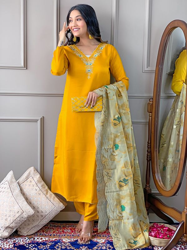 Yellow Readymade Chanderi Embroidered Salwar Suit
