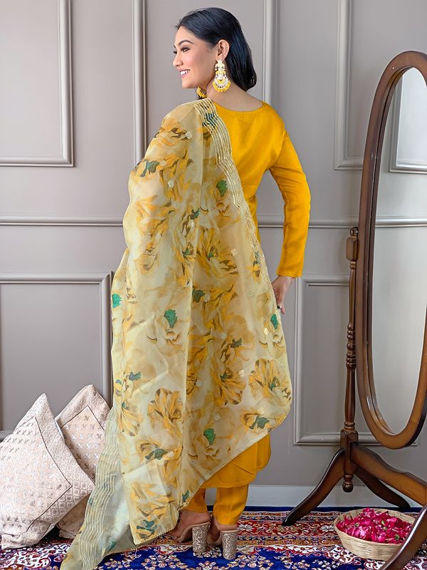 Yellow Readymade Chanderi Embroidered Salwar Suit