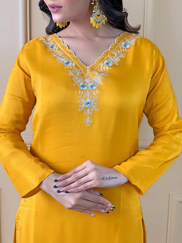 Yellow Readymade Chanderi Embroidered Salwar Suit