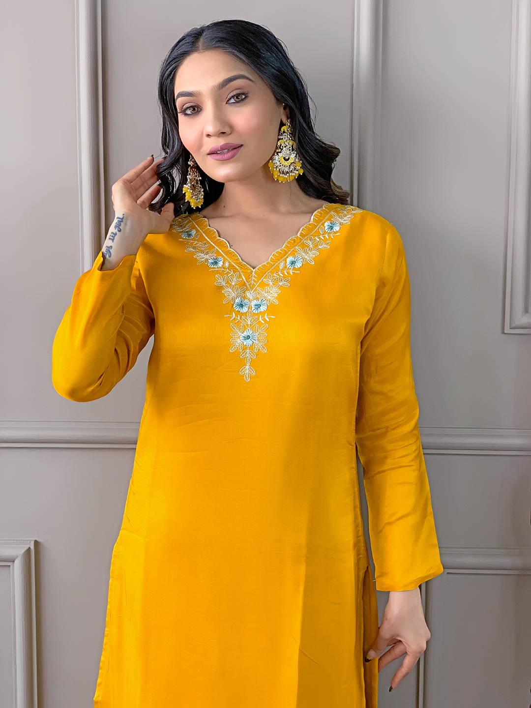 Yellow Readymade Chanderi Embroidered Salwar Suit