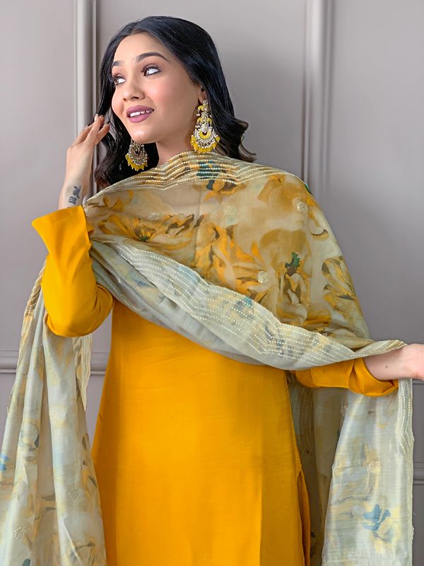 Yellow Readymade Chanderi Embroidered Salwar Suit