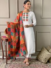White Embroidered Salwar Suit with Orange Silk-Blend Dupatta
