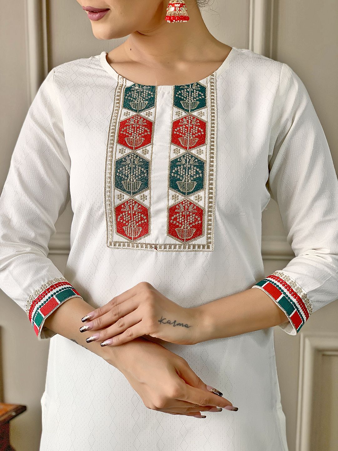 White Embroidered Salwar Suit with Orange Silk-Blend Dupatta