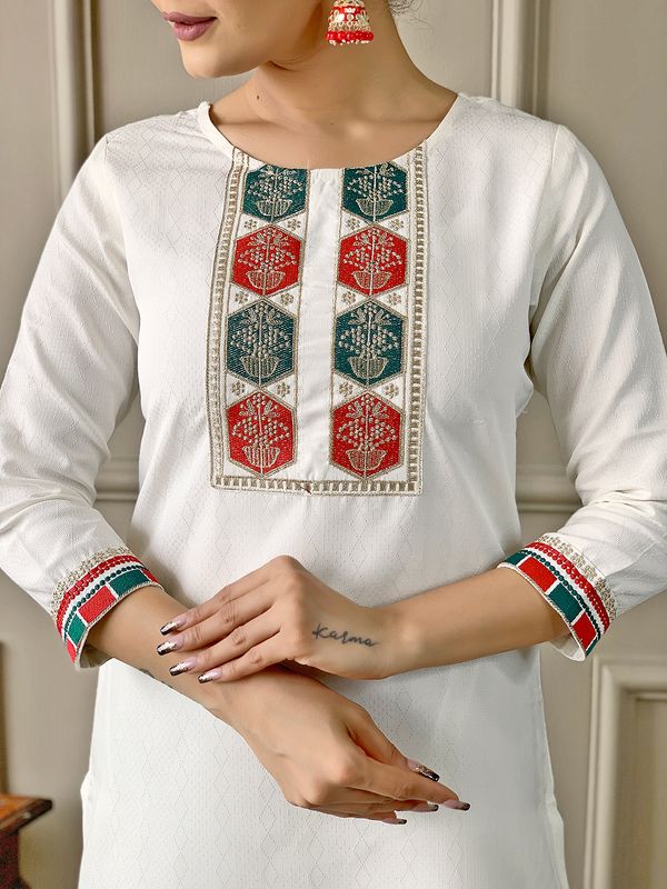 White Embroidered Salwar Suit with Orange Silk-Blend Dupatta