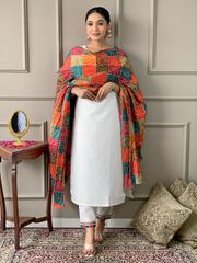 White Embroidered Salwar Suit with Orange Silk-Blend Dupatta