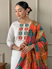 White Embroidered Salwar Suit with Orange Silk-Blend Dupatta