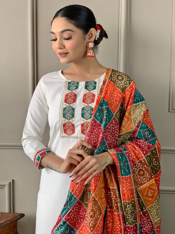 White Embroidered Salwar Suit with Orange Silk-Blend Dupatta