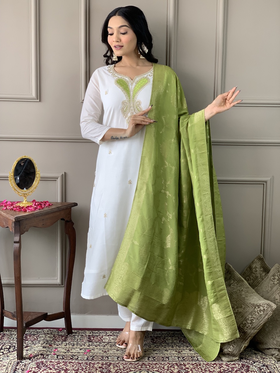 Off White Threadwork Salwar Suit with Green Jacquard Dupatta