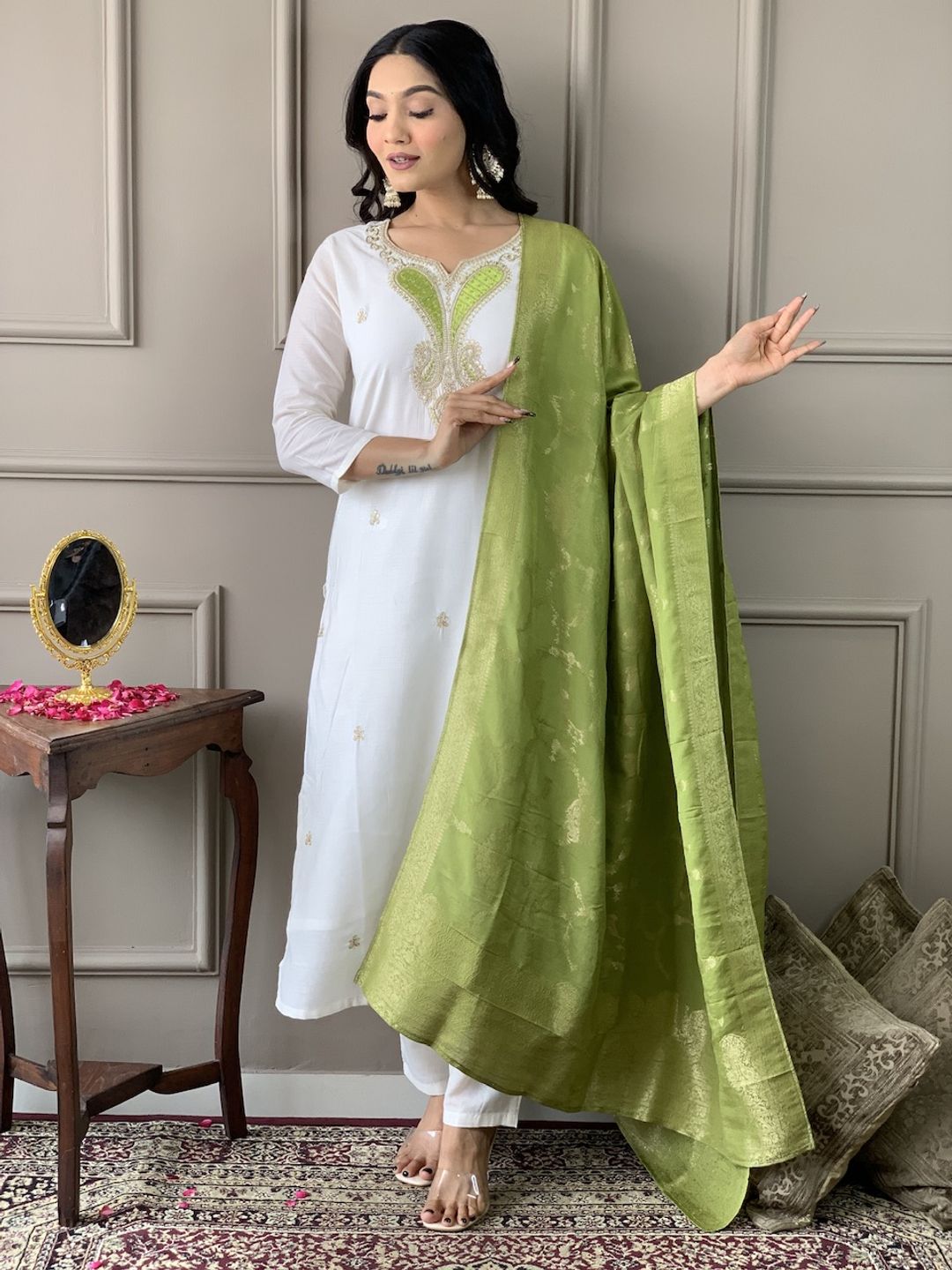 Off White Threadwork Salwar Suit with Green Jacquard Dupatta