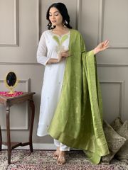 Off White Threadwork Salwar Suit with Green Jacquard Dupatta - WHITE