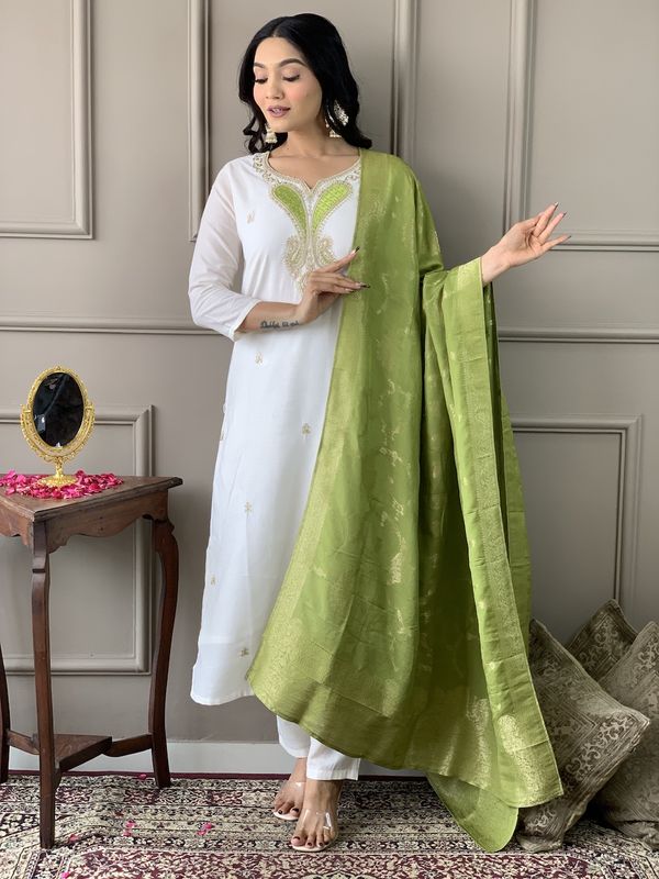 Off White Threadwork Salwar Suit With Green Jacquard Dupatta