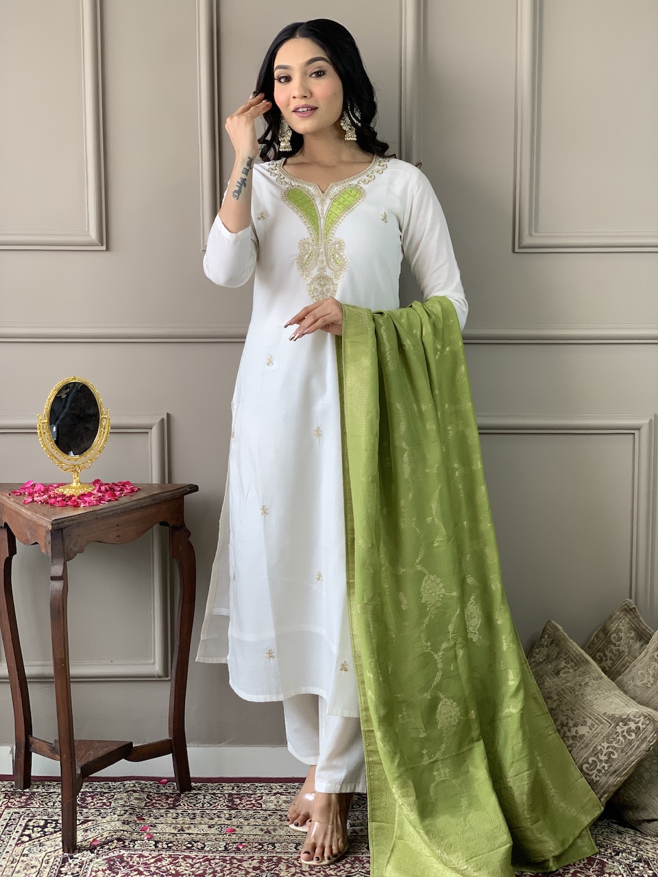 Off White Threadwork Salwar Suit with Green Jacquard Dupatta