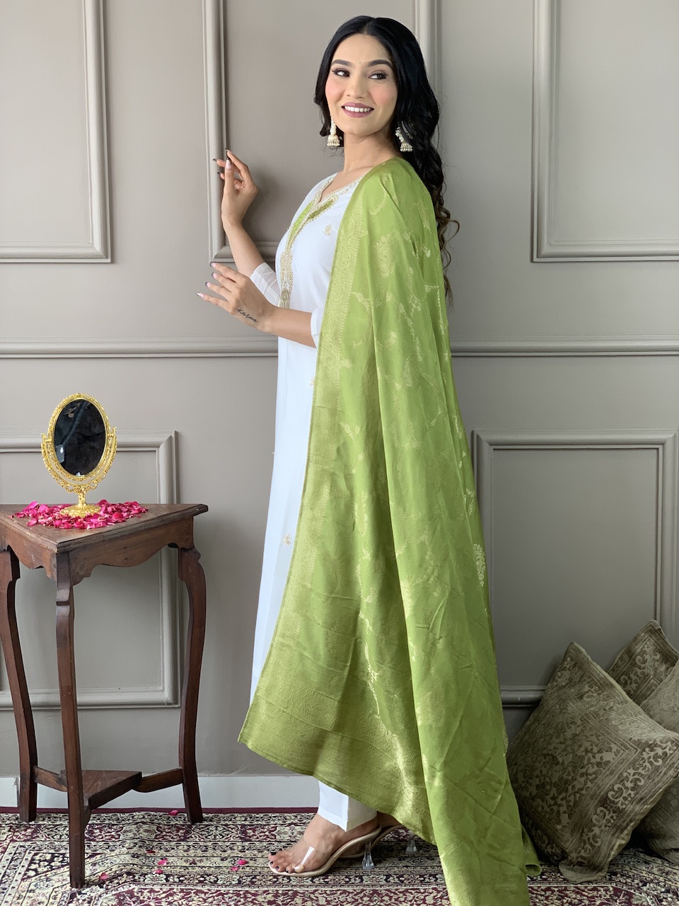 Off White Threadwork Salwar Suit with Green Jacquard Dupatta
