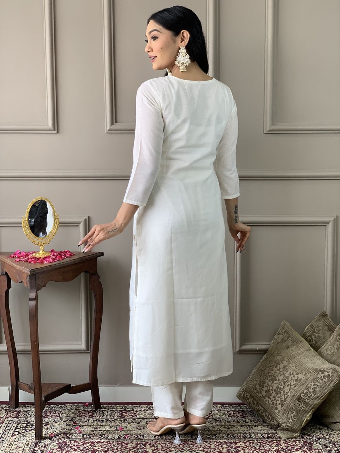 Off White Threadwork Salwar Suit with Green Jacquard Dupatta