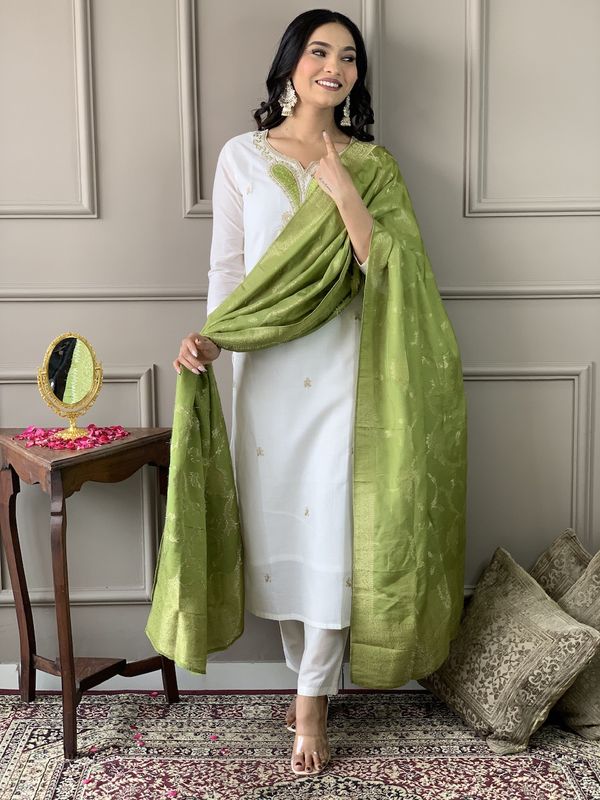 Off White Threadwork Salwar Suit with Green Jacquard Dupatta