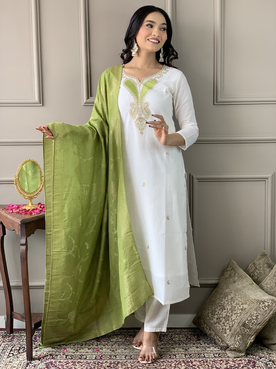 Off White Threadwork Salwar Suit with Green Jacquard Dupatta