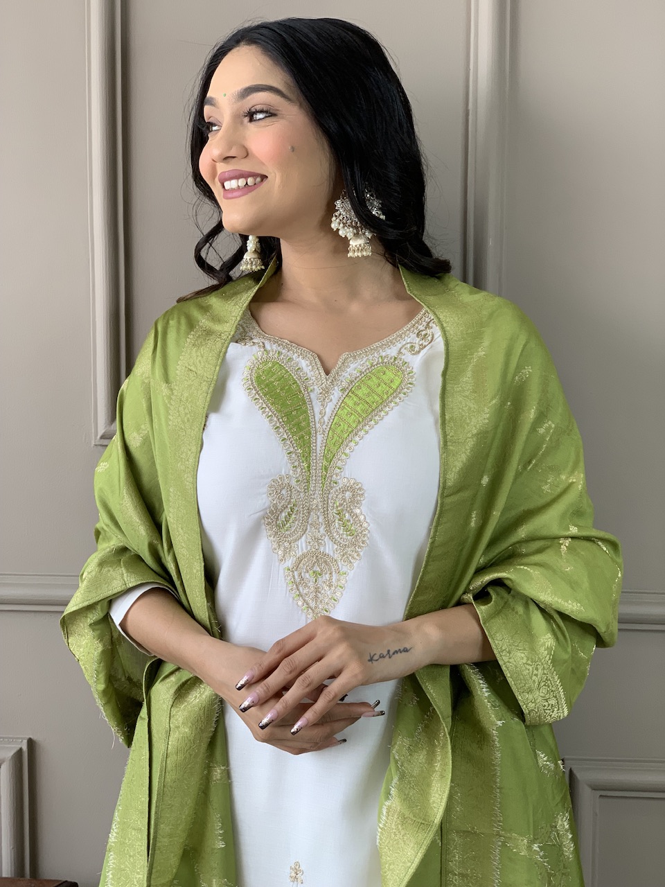 Off White Threadwork Salwar Suit with Green Jacquard Dupatta