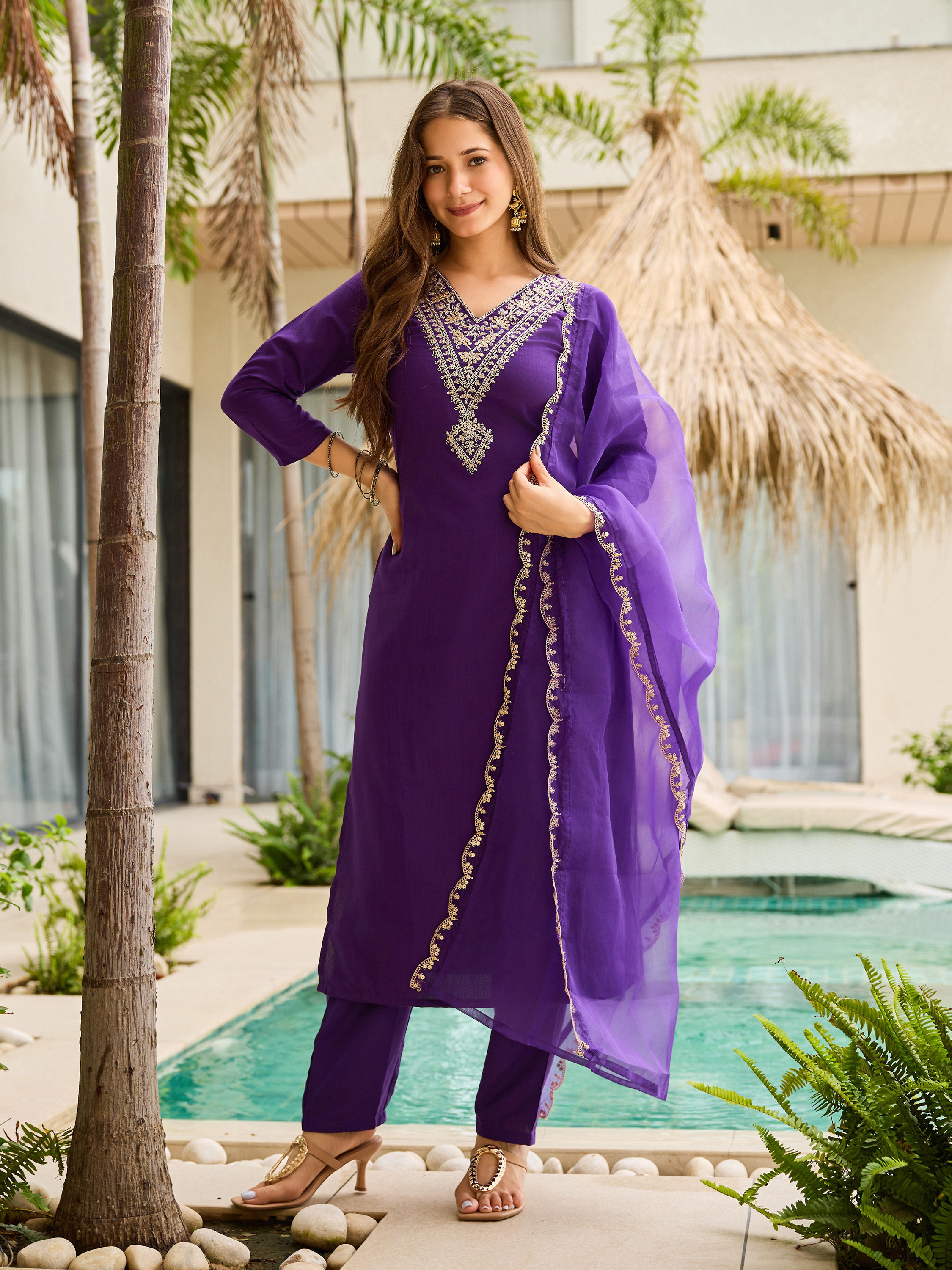 Purple Rayon  Thread Work Salwar Suit with Organza Dupatta