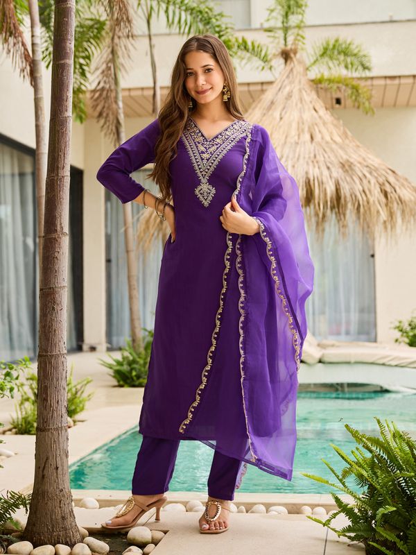 Purple Rayon  Thread Work Salwar Suit with Organza Dupatta
