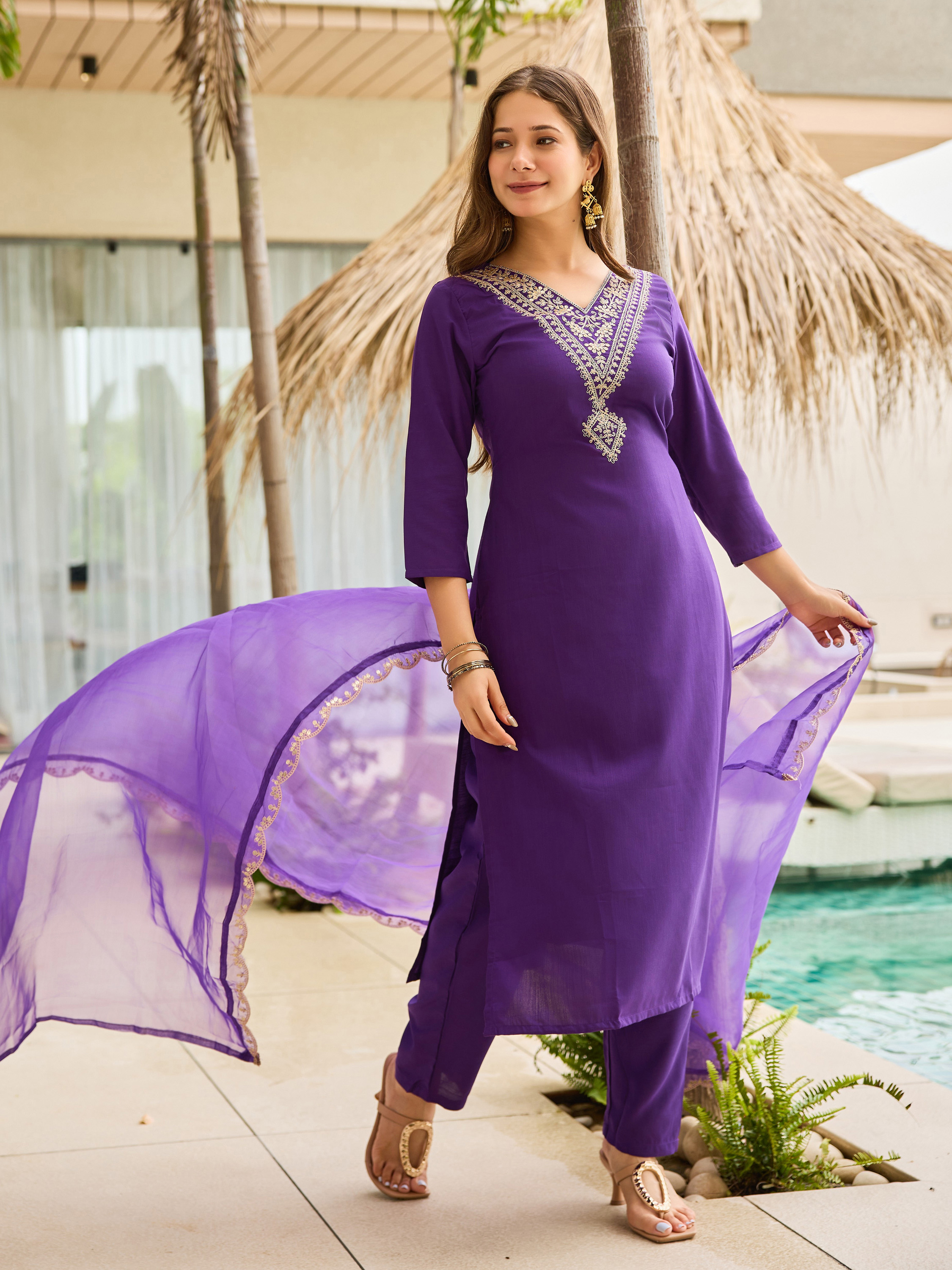 Purple Rayon  Thread Work Salwar Suit with Organza Dupatta
