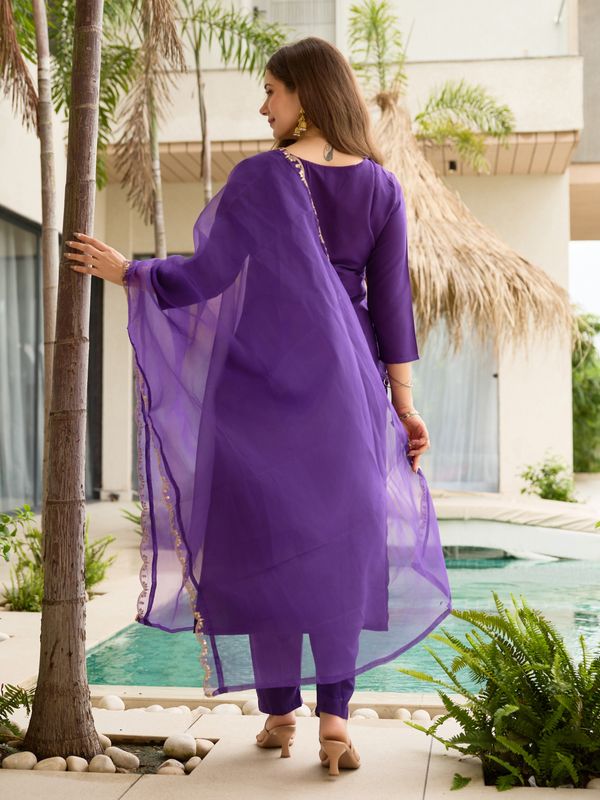 Purple Rayon  Thread Work Salwar Suit with Organza Dupatta