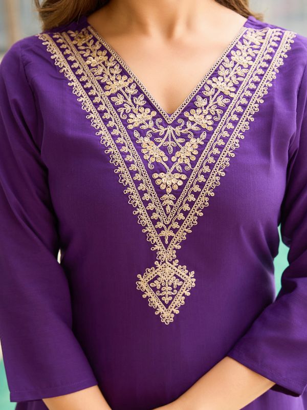 Purple Rayon  Thread Work Salwar Suit with Organza Dupatta