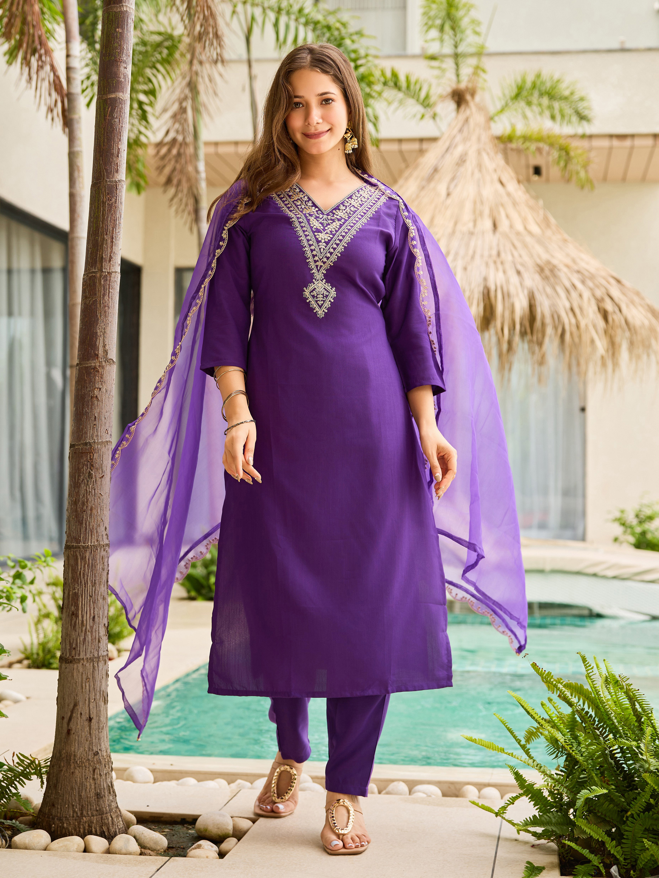 Purple Rayon  Thread Work Salwar Suit with Organza Dupatta