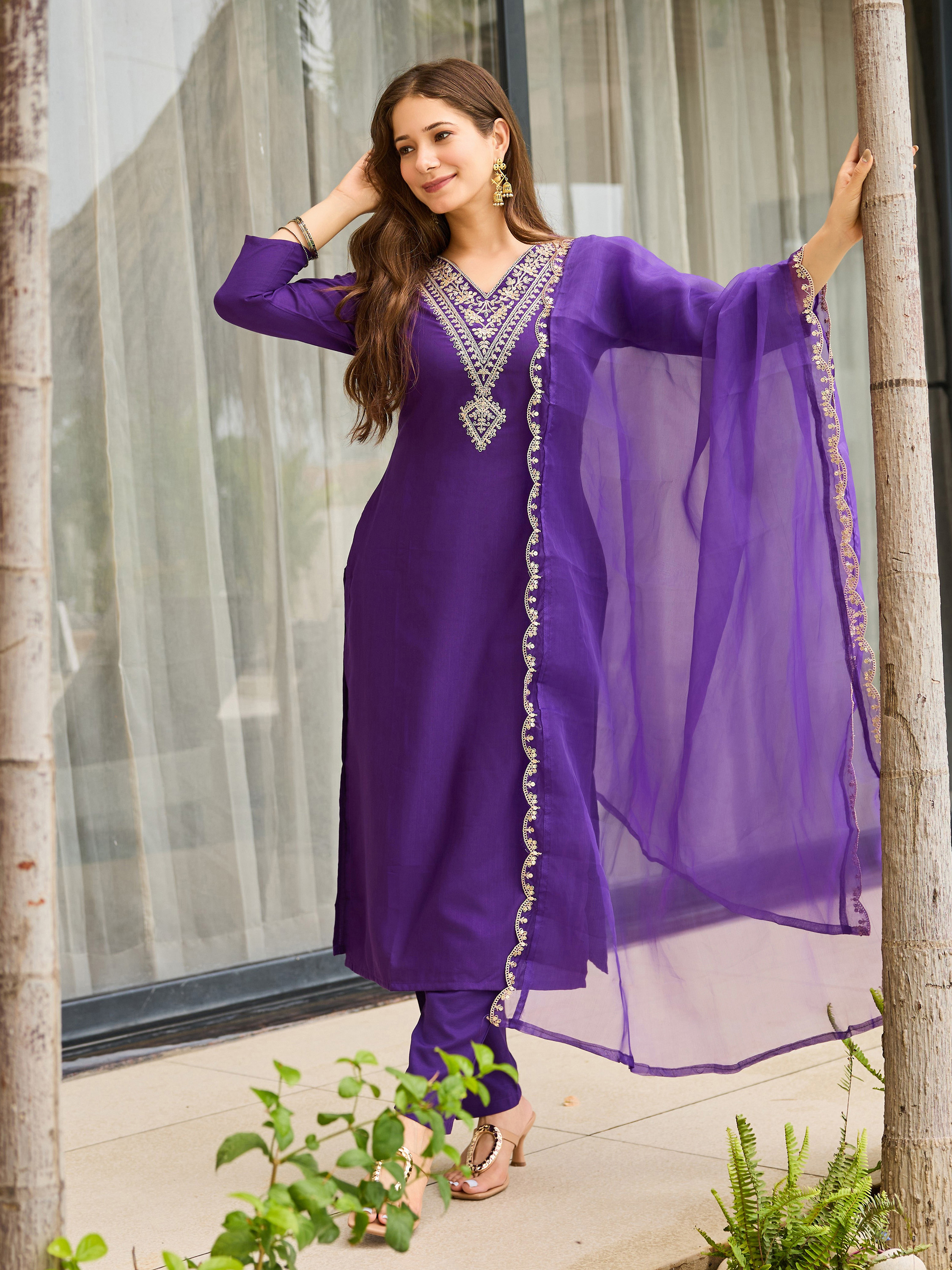 Purple Rayon  Thread Work Salwar Suit with Organza Dupatta