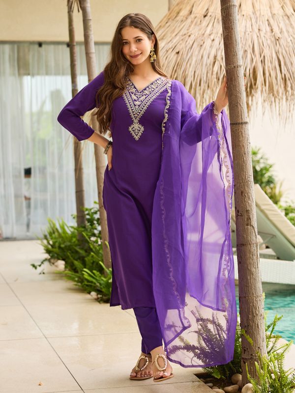 Purple Rayon  Thread Work Salwar Suit with Organza Dupatta