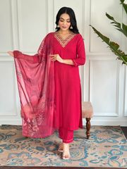 Wine Threadwork Salwar Suit with Silk Printed Dupatta