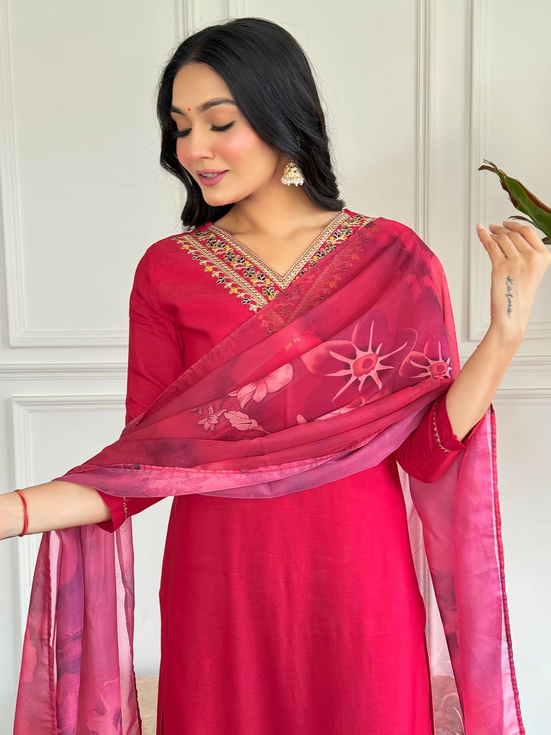 Wine Threadwork Salwar Suit with Silk Printed Dupatta