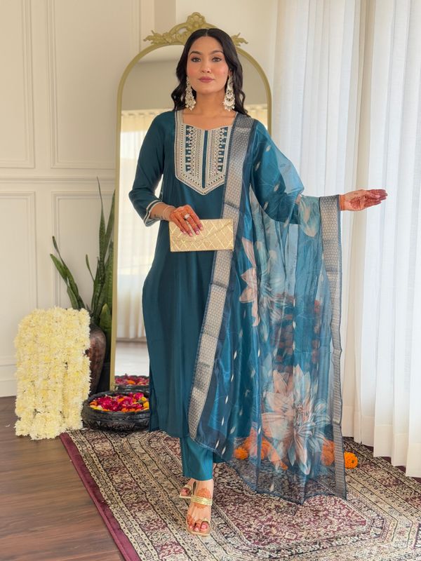 Teal Rayon Threadwork Salwar Suit