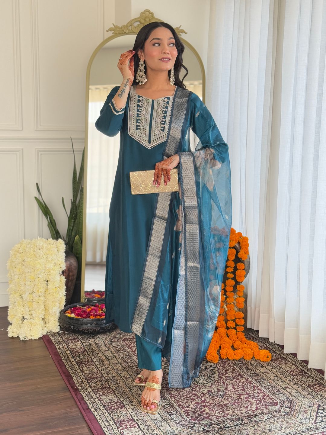 Teal Rayon Threadwork Salwar Suit