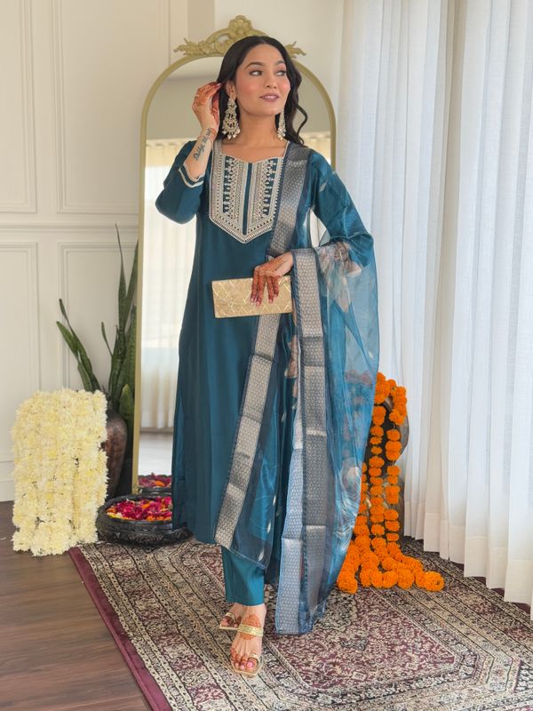 Teal Rayon Threadwork Salwar Suit