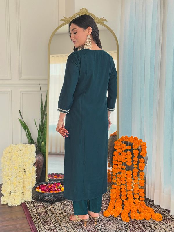 Teal Rayon Threadwork Salwar Suit