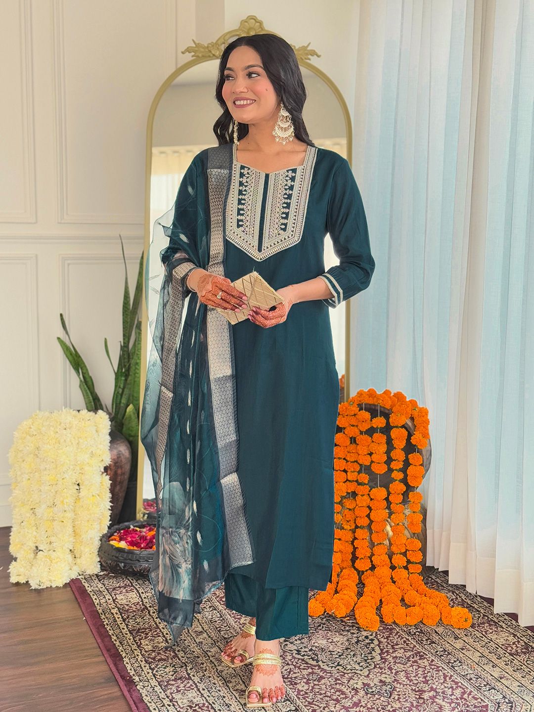 Teal Rayon Threadwork Salwar Suit