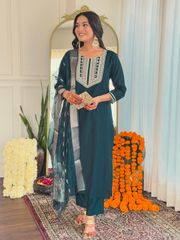 Teal Rayon Threadwork Salwar Suit