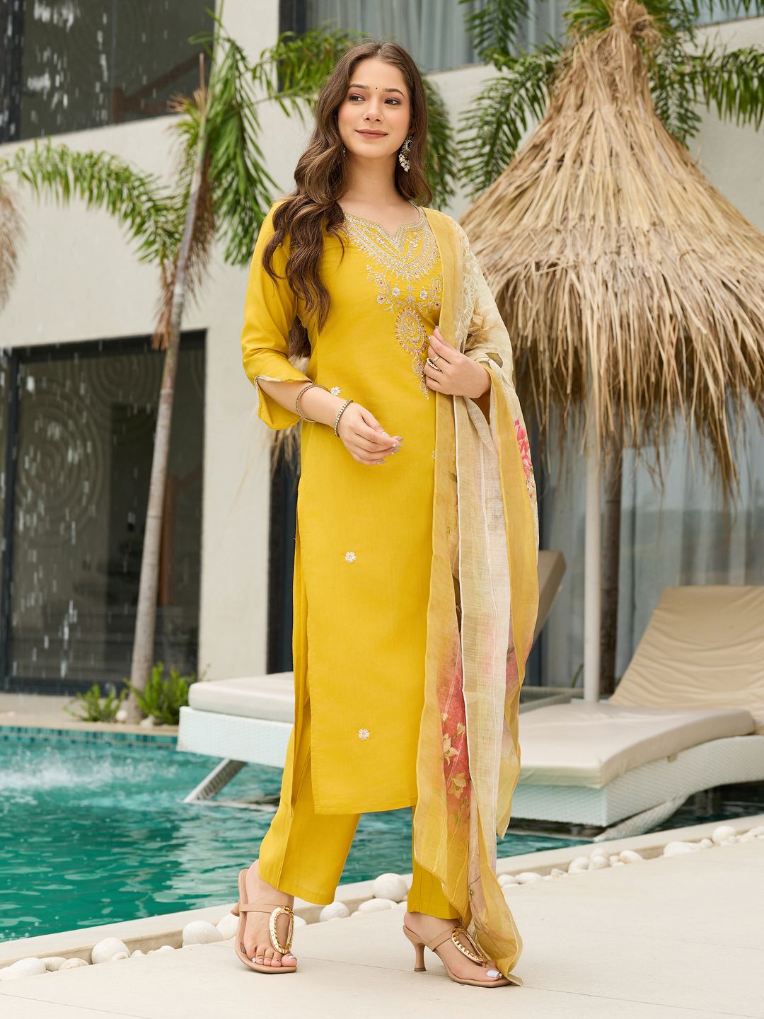 Yellow Threadwork  Readymade Salwar Suit