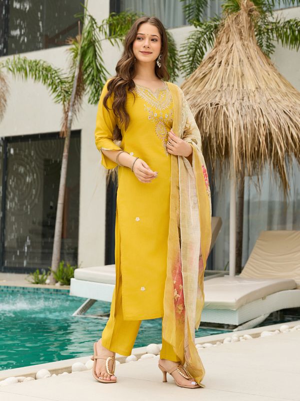 Yellow Threadwork  Readymade Salwar Suit