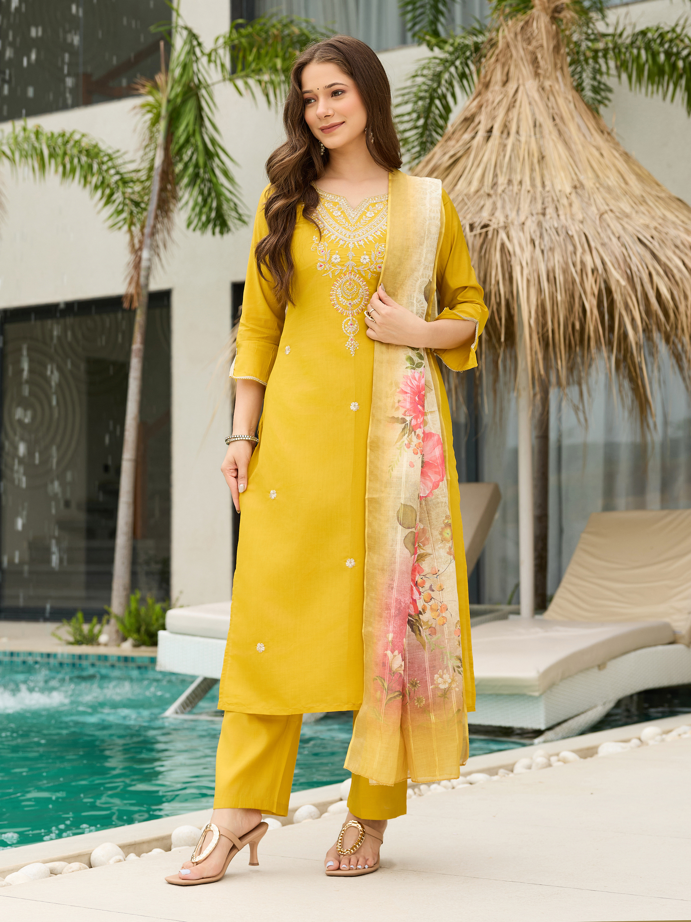 Yellow Threadwork  Readymade Salwar Suit