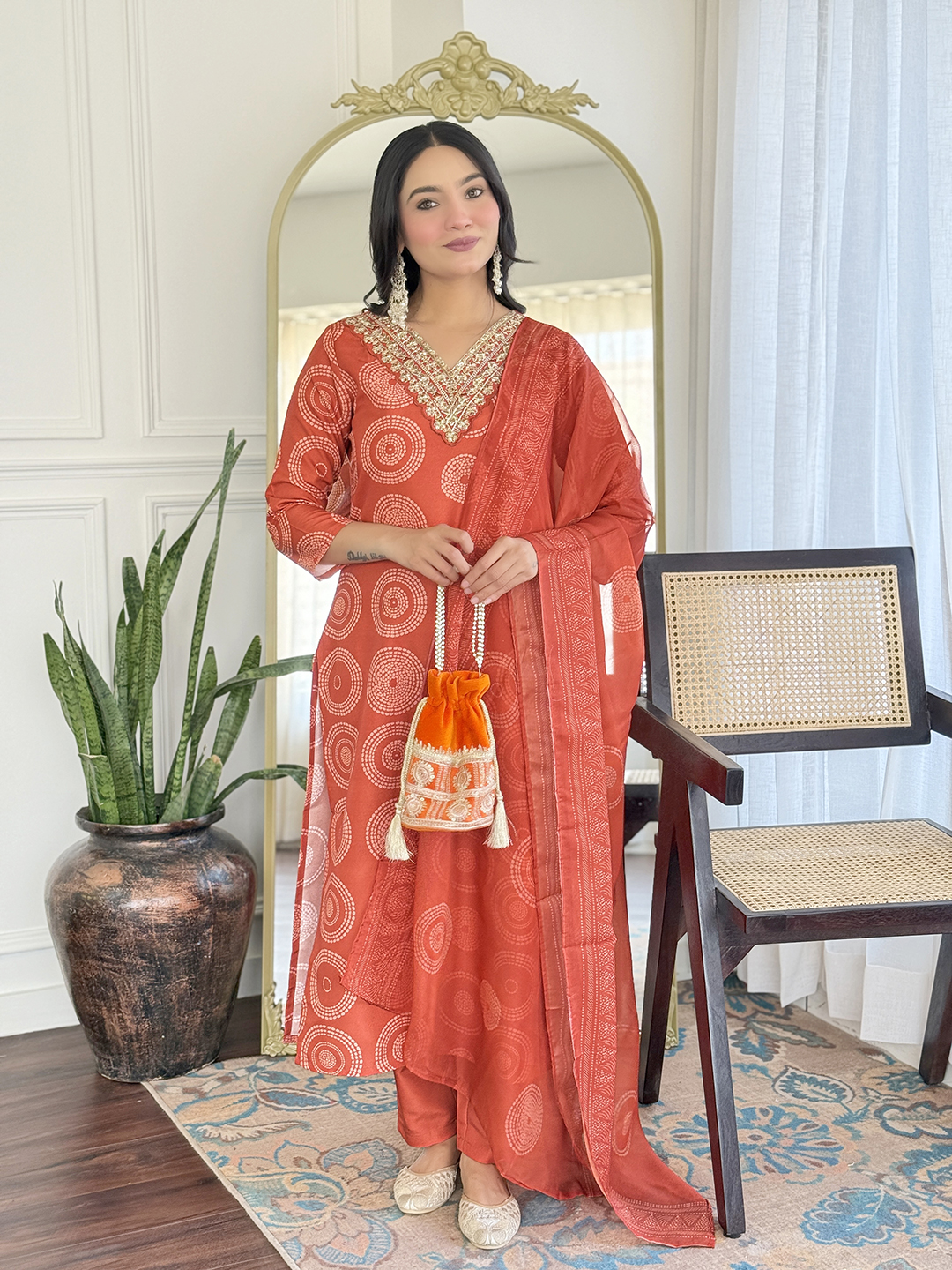 Orange Zariwork Brocade Readymade Salwar Suit