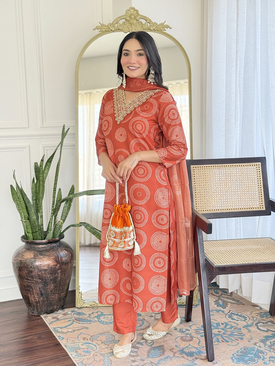 Orange Zariwork Brocade Readymade Salwar Suit