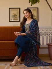 Navy Blue Threadwork  Readymade Salwar Suit - NAVY BLUE