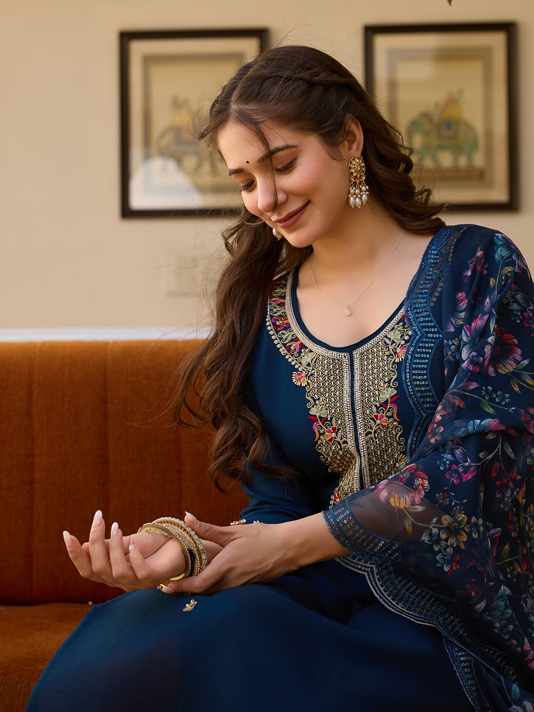 Navy Blue Threadwork  Readymade Salwar Suit