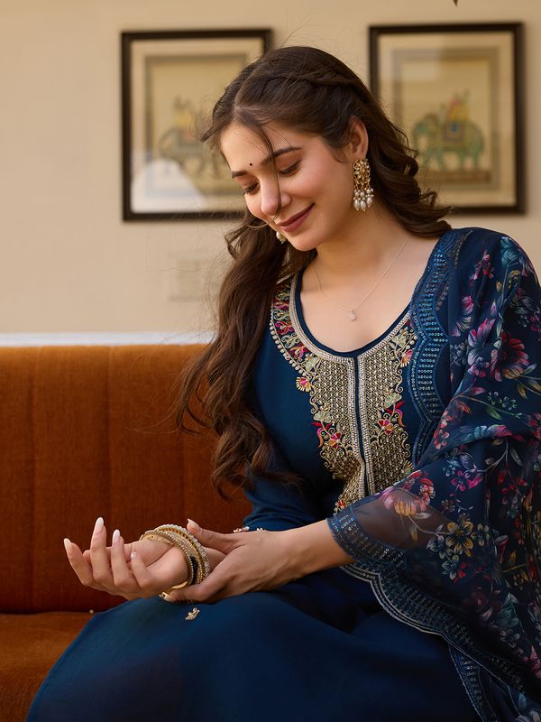 Navy Blue Threadwork  Readymade Salwar Suit